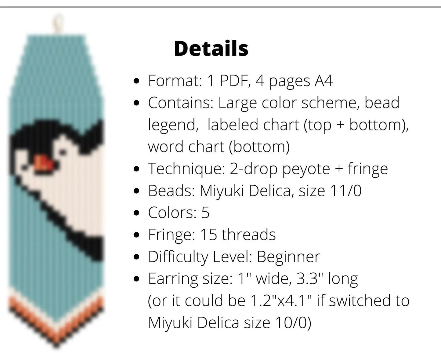 Penguin Brick Stitch pattern for fringe beaded earrings - NikoBeadsUA