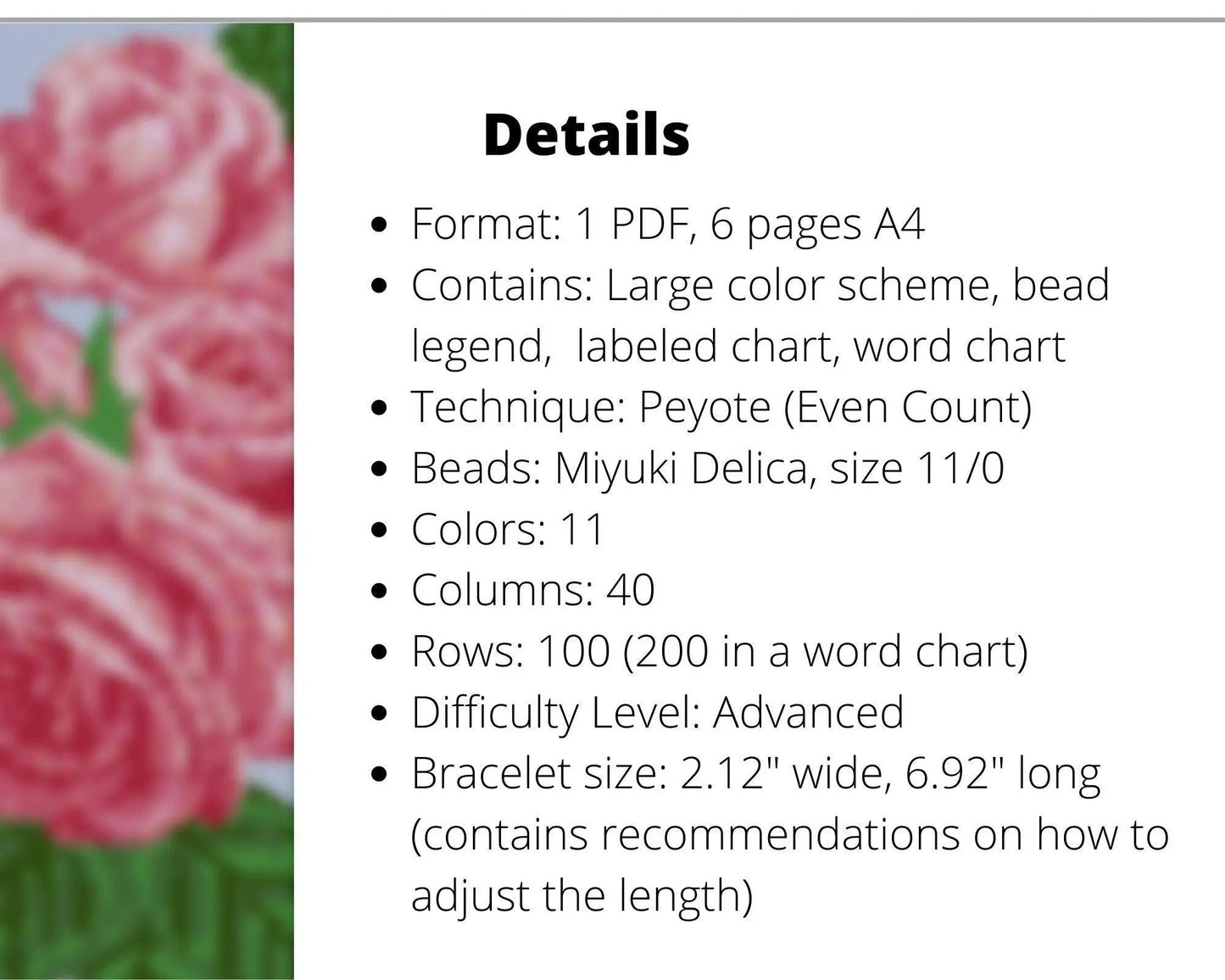 Roses even peyote pattern for beaded bracelet - NikoBeadsUA