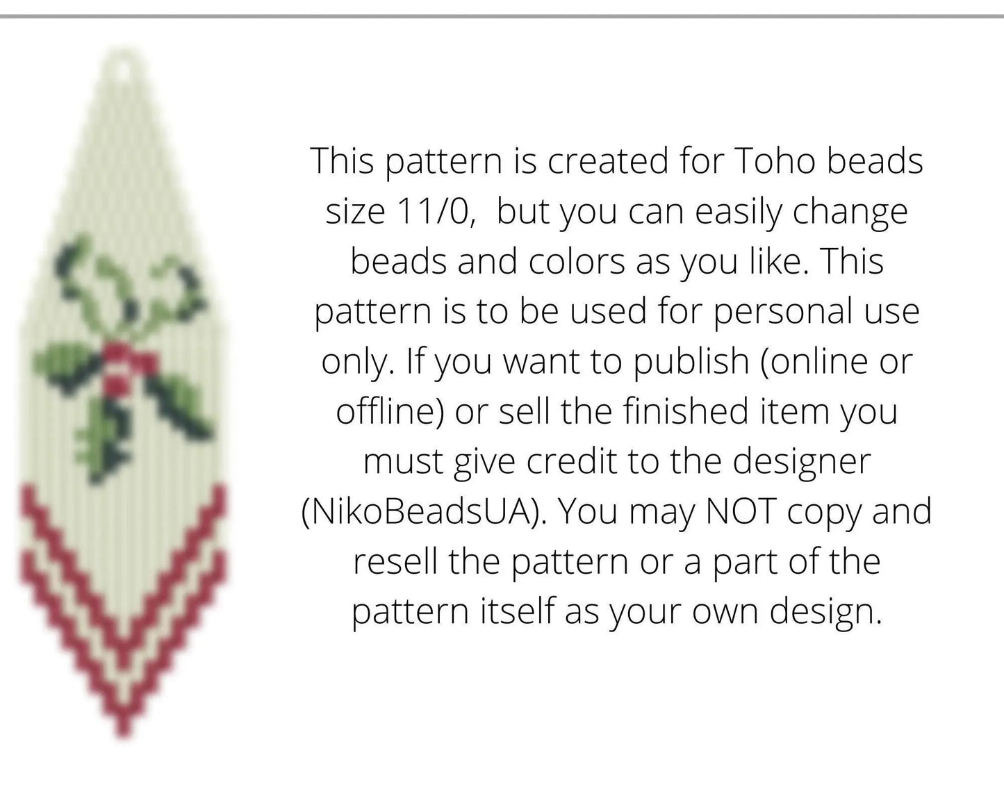 Christmas Holly Brick Stitch pattern for beaded fringe earrings - NikoBeadsUA