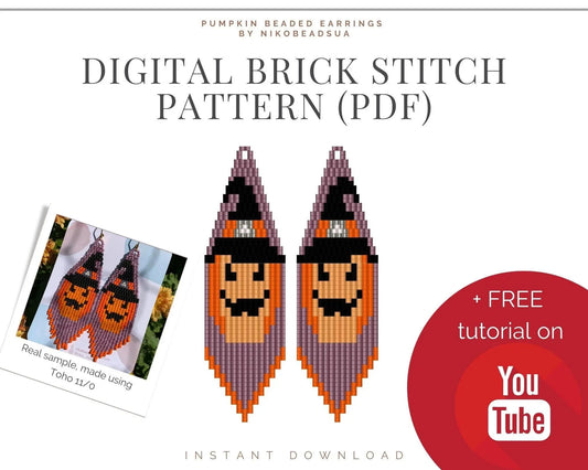 Jack O Lantern Brick Stitch pattern for beaded fringe earrings - NikoBeadsUA