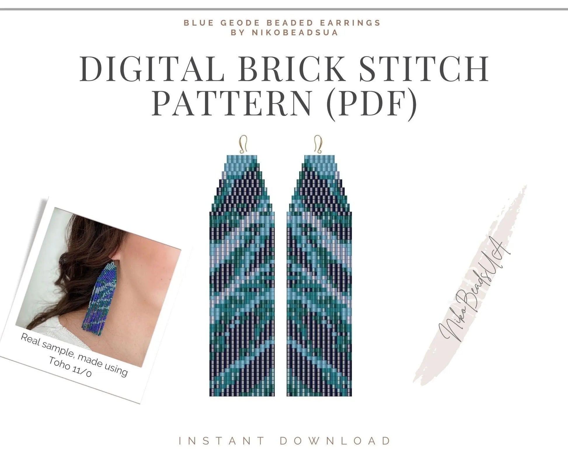 Blue Geode Brick Stitch pattern for fringe beaded earrings - NikoBeadsUA