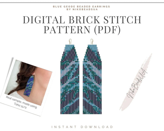 Blue Geode Brick Stitch pattern for fringe beaded earrings - NikoBeadsUA