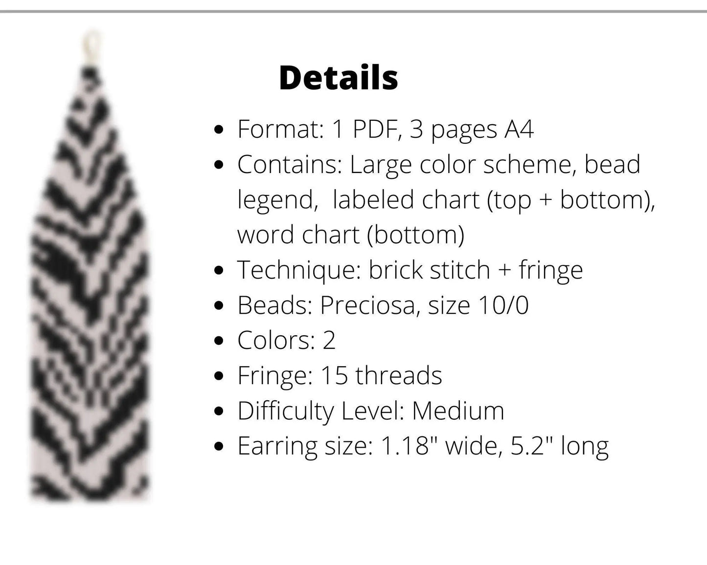 Zebra Brick Stitch pattern for fringe beaded earrings - Preciosa - NikoBeadsUA