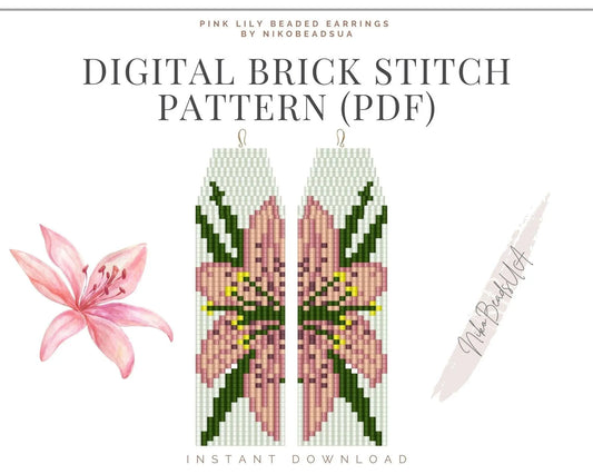 Pink Lily Brick Stitch pattern for fringe beaded earrings - NikoBeadsUA