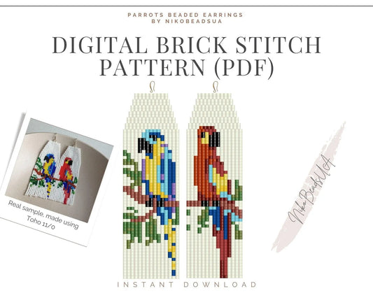 Parrots Brick Stitch pattern for fringe beaded earrings - NikoBeadsUA