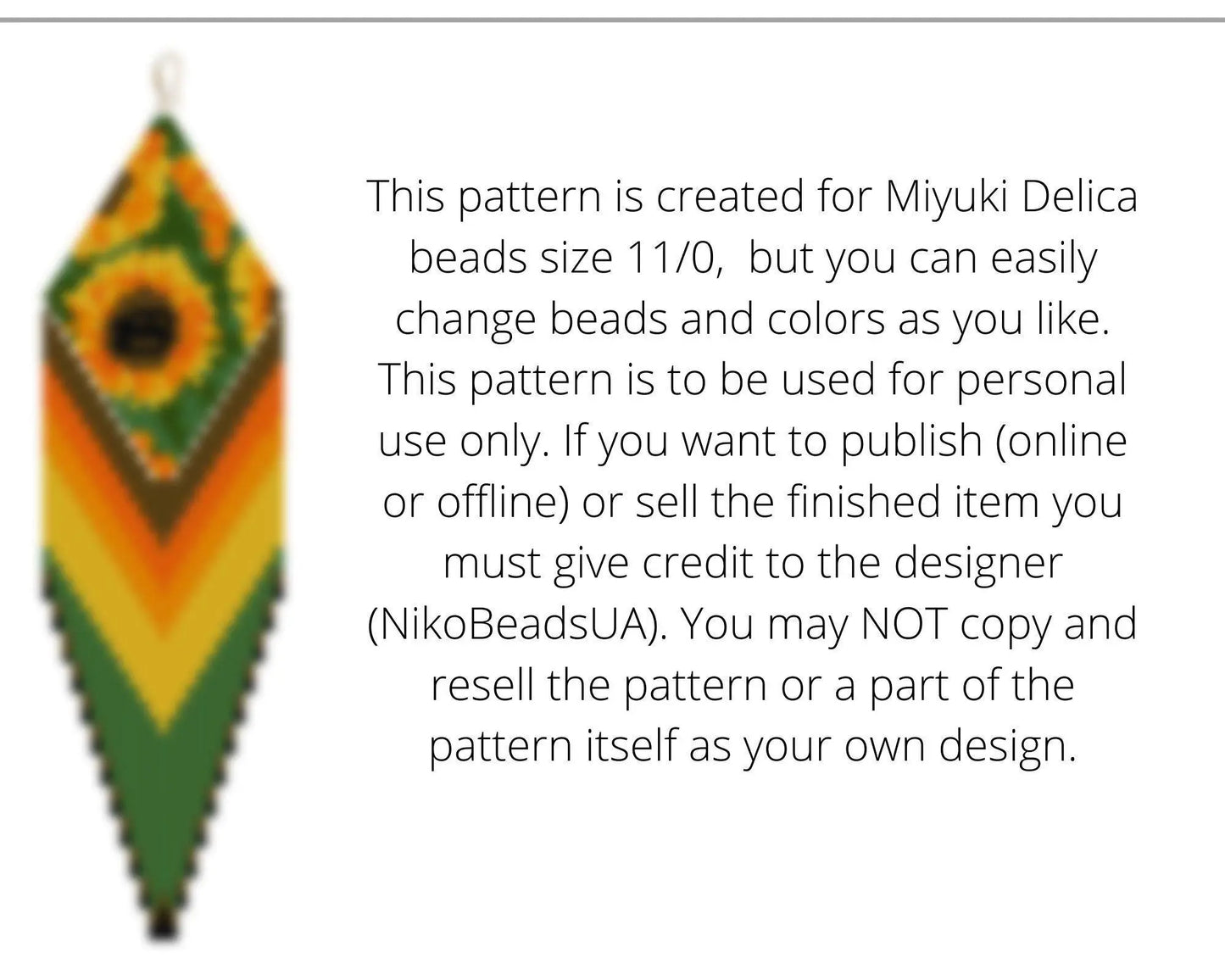 Sunflower Brick Stitch pattern for fringe beaded earrings with diamond top - NikoBeadsUA