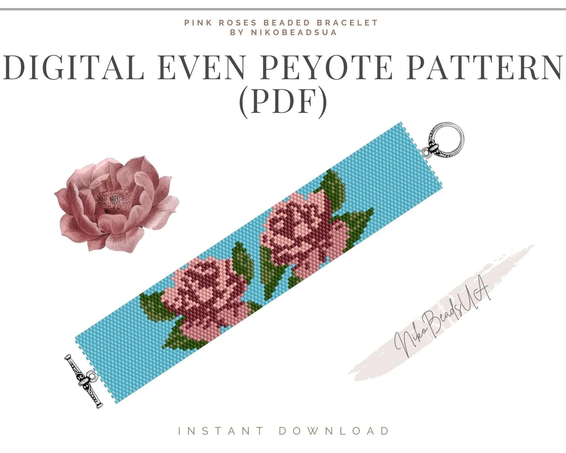 Pink Roses even peyote pattern for beaded bracelet - NikoBeadsUA