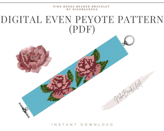 Pink Roses even peyote pattern for beaded bracelet - NikoBeadsUA
