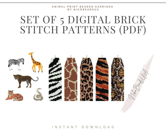 Set of 5 Animal Print Earrings Brick Stitch patterns for fringe beaded earrings - NikoBeadsUA